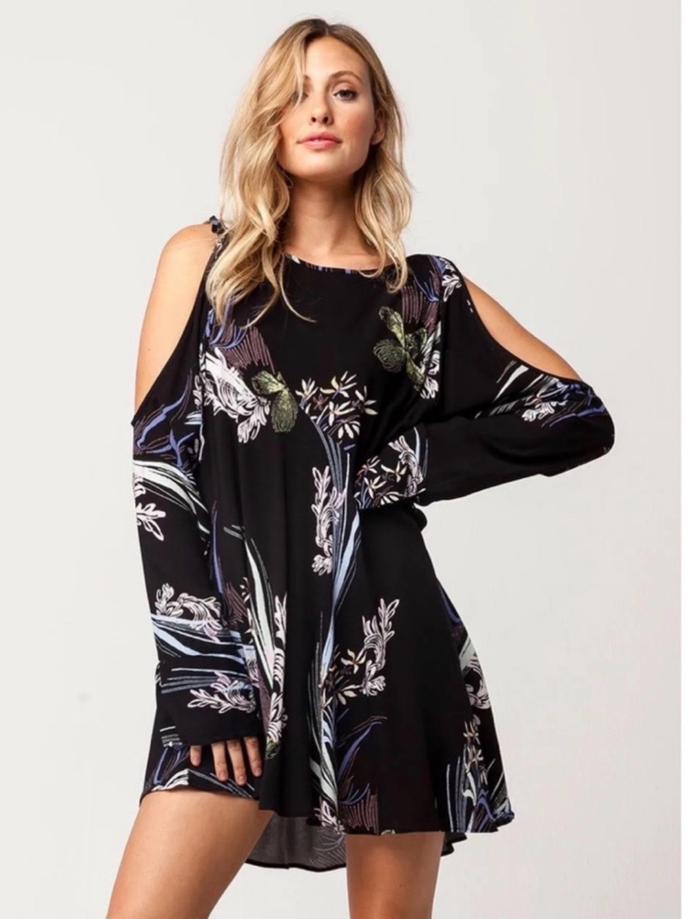 Free People Clear Skies Cold-Shoulder Black Floral Swing Dress/Tunic